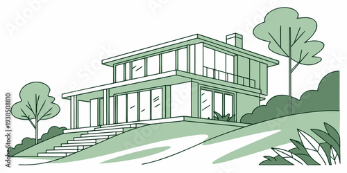 A modern two-story house with a sloped roof and large windows surrounded by trees Vector