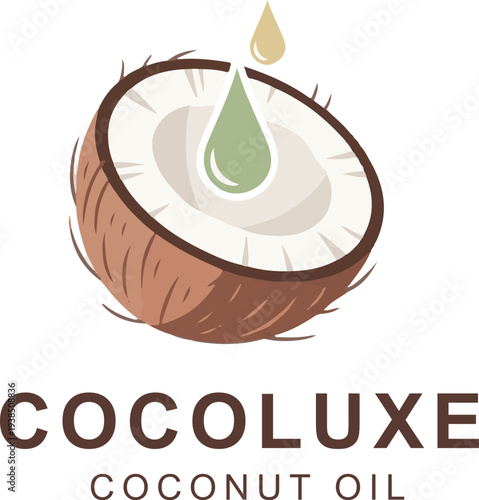 Cocoluxe coconut oil vector illustration with oil drop on halved coconut and text below