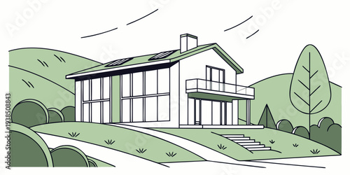 A charming modern house with a large front yard and a beautiful garden Vector