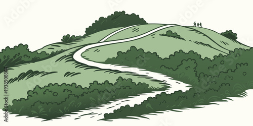 A serene landscape featuring a winding road through lush green hills and valleys. Vector