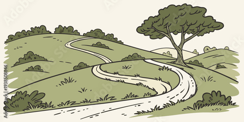 A winding road through a lush green landscape with a solitary tree on the hill. Vector