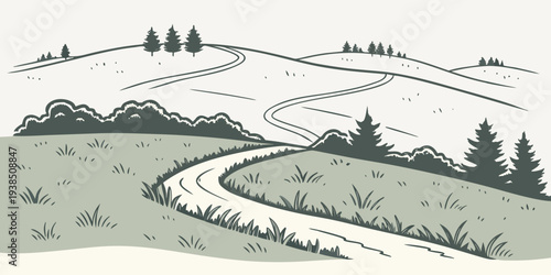 A winding path through a serene, forested landscape with a distant mountain view Vector