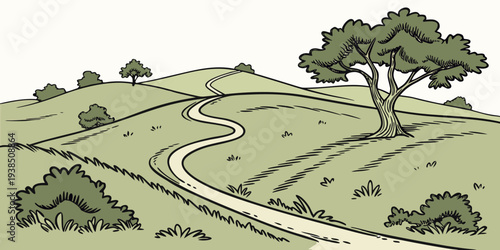 A picturesque landscape of rolling hills with a winding road and scattered trees. Vector