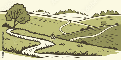 A serene countryside landscape with winding paths and lush greenery Vector