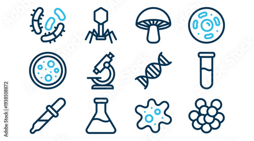 Microbiology and Science Laboratory Icon Set with Bacteria, DNA, Microscope, and Glassware in Blue Line Style