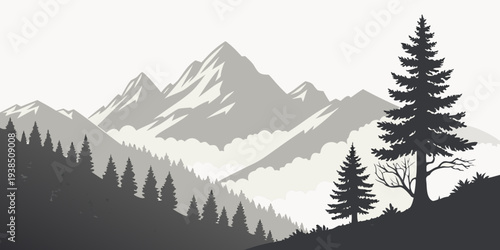 Majestic mountains with snow-capped peaks and evergreen trees in silhouette. Vector