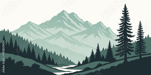 Majestic mountain range with dense forest and serene lake in the distance Vector