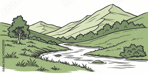 A serene landscape featuring a winding river flowing through a lush green valley with rolling hills in the background. Vector