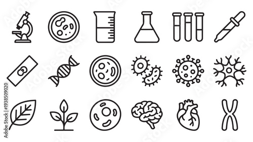 Scientific Laboratory and Biological Icons Collection Featuring Labware, Cells, and Anatomy Elements