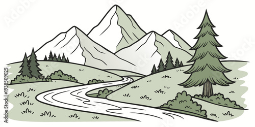 A serene mountain landscape with a winding river and lush greenery Vector