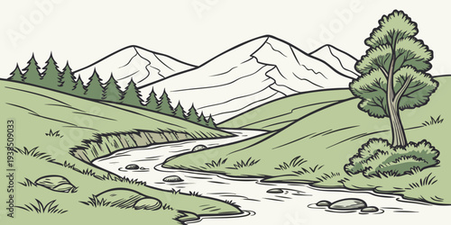 A serene landscape with a winding river flowing through a lush green valley surrounded by majestic mountains Vector