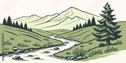 A serene mountain landscape with a winding river and lush greenery Vector