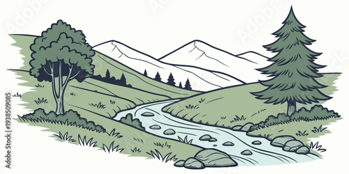 A serene landscape featuring a winding river, lush greenery, and majestic mountains. Vector