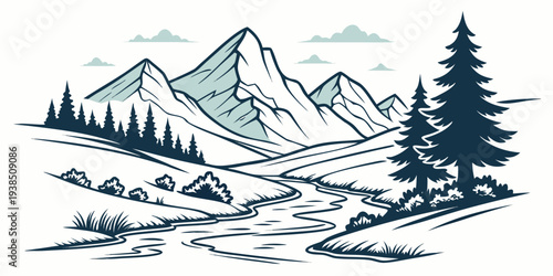 Majestic mountain range with pine trees and snow covered peaks under a clear blue sky Vector