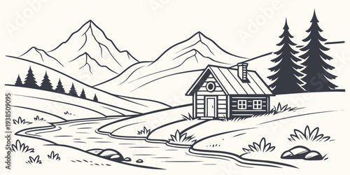 A picturesque mountain landscape with a cozy cabin nestled among tall pine trees. Vector