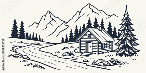 A serene mountain landscape with a quaint cabin nestled in a valley Vector