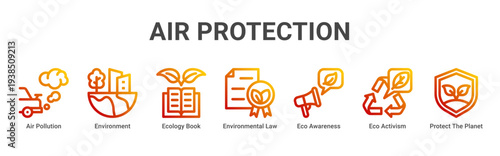 Air Protection web banner icon vector illustration featuring Air Pollution,Environment,Ecology Book,Environmental Law,Eco Awareness,Eco Activism,and Protect The Planet icons.