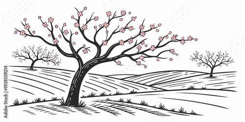 A lone tree stands tall against a backdrop of distant mountains and a clear sky. Vector