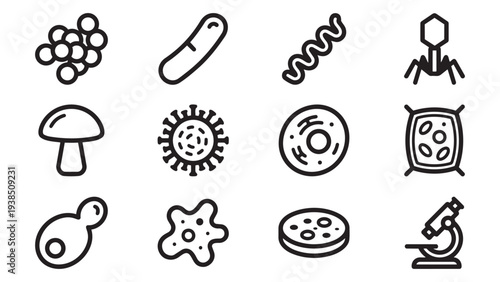 Microbiology and Bacteriology Line Icon Set Featuring Virus, Bacteria, Cells, and Lab Equipment