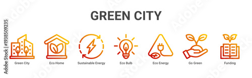 Green City web banner icon vector illustration with Green City, Eco Home,Sustainable Energy,Eco Bulb,Eco Energy,Go Green,and Funding icons showing sustainable urban development.