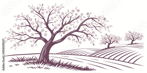 A lone tree stands in a vast, open field with a clear blue sky above. Vector