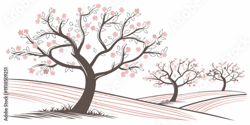 A serene landscape with bare trees and a winding path in the distance Vector