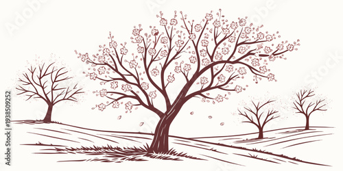 A lone tree stands tall amidst a field of dry grass and scattered leaves Vector