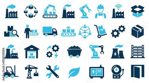 Comprehensive Set of Industrial, Logistics, and Sustainability Icons: Flat Vector Graphics for Modern Business Processes