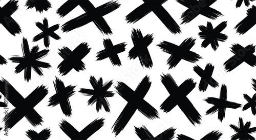 Black Hand-Drawn X Marks and Asterisks Seamless Pattern Vector