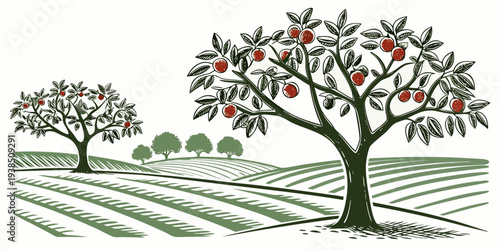 A picturesque landscape featuring three trees on a gentle hillside Vector