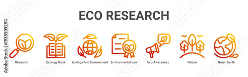 Eco Research web banner icon vector illustration with Research,Ecology Book,Ecology And Environment,Environmental Law,Eco Awareness,Nature,and Green Earth icons.