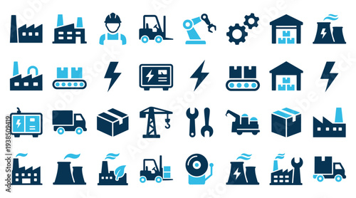 Diverse Collection of Industrial and Logistics Icons: Flat Vector Illustrations for Manufacturing, Supply Chain, and Energy