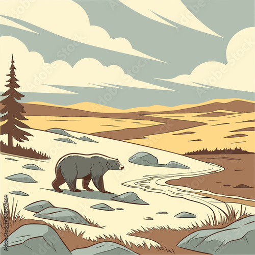A serene winter landscape with bears roaming in the snow-covered wilderness Vector