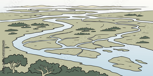 Aerial view of a lush green valley with winding rivers and surrounding mountains Vector