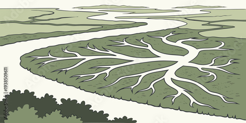 Aerial view of a winding river flowing through a lush green landscape with trees and hills Vector