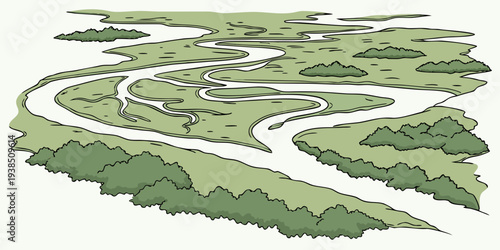 Aerial view of a lush green golf course with winding paths and water hazards Vector