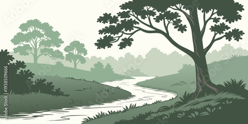 A serene landscape with trees and a winding river under a clear sky. Vector