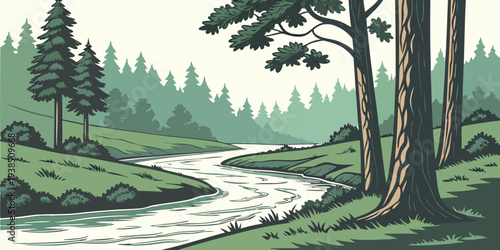 A serene forest path meandering through a lush, green woodland landscape. Vector