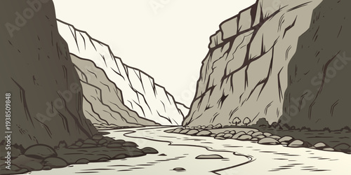 A narrow canyon with steep rock walls and a winding path leading into the distance Vector