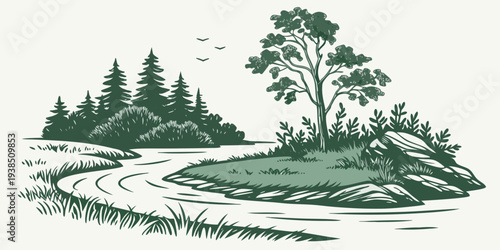 Serene landscape of a calm river flowing through a lush green forest with majestic trees Vector