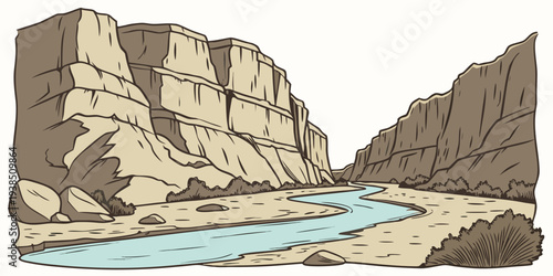 A serene river flowing through a deep canyon with towering rock formations Vector