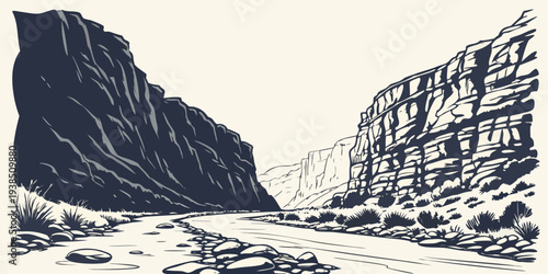 A lone traveler navigates through a narrow canyon with towering cliffs on either side. Vector