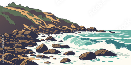 A serene coastal landscape with waves crashing against jagged rocks and a clear blue sky Vector