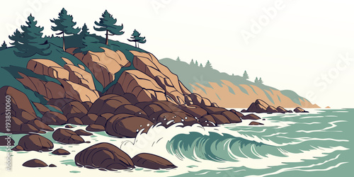 A serene coastal scene with rugged cliffs and crashing waves under a clear sky Vector