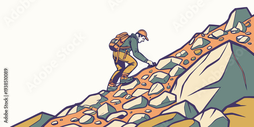 A group of people climbing a steep, rocky mountain with a clear blue sky in the background. Vector