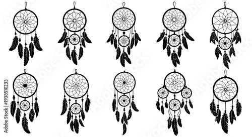 Collection of Hand-Drawn Dreamcatchers with Feathers, Native American Symbols, Boho Style