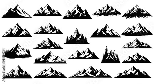 Collection of Black Silhouette Mountain Peaks, Vector Graphics for Outdoor Adventure and Nature Themes