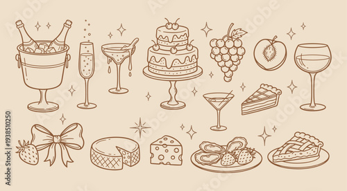 Hand drawn doodle party elements vector illustration. Coastal mediterranean dinner table party summer sketch. Wedding coquette elements for greeting card template