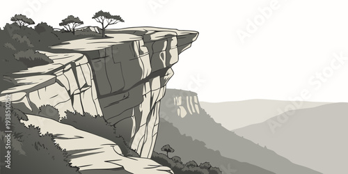 A dramatic view of a cliff overlooking a vast ocean landscape with waves crashing below Vector