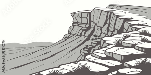 A dramatic cliffside scene with waves crashing against the rocks in a stormy sea. Vector